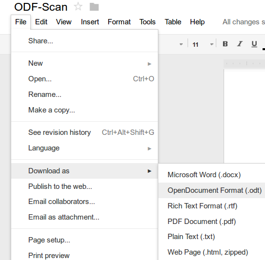 Export to ODF in Google Docs