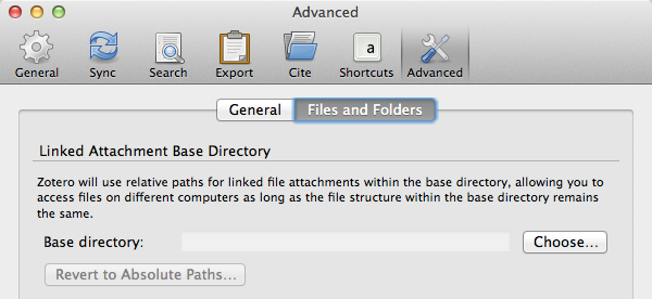 Setting up relative paths for linked files in the Zotero preferences.
